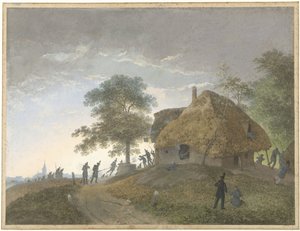 Combattimento presso una locanda o casa con tetto di paglia su una collina da Josephus Augustus Knip
