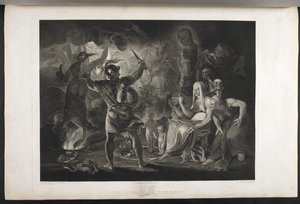 Macbeth. Atto IV. Scena I. Una caverna oscura. Al centro un calderone bollente. Tre streghe. Macbeth. Ecate. Macbeth affronta le streghe e le apparizioni; ai suoi piedi, dentro un serpente avvolto, stanno un bambino insanguinato e un bambino con una corona da Joshua (after) Reynolds