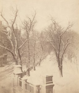 Scena di neve nel comune di Boston, anni 