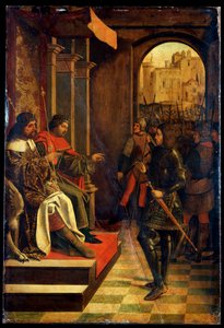 San Sebastiano davanti agli imperatori Diocleziano e Massimiano, fine XV secolo da Josse Lieferinxe