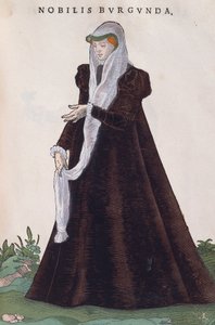 Nobile donna borgognona in costume tradizionale, incisione da Habitus praecipuorum popularum da Jost Amman