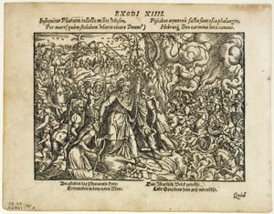 Il passaggio del Mar Rosso (recto) e La sepoltura di Giacobbe (verso) da Neuwe Biblische Figuren, tavola 48 da xilografie da libri del XVI secolo da Jost Amman