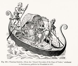 Gondola veneziana, dalla Grande Processione del Doge di Venezia, illustrazione da Scienza e Letteratura nel Medioevo e nel Rinascimento, incisa da Paul Lacroix