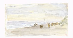 Veduta di spiaggia con cavaliere e sedie da spiaggia da Jozef Israëls