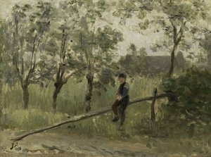 Ragazzo di Campagna su una Barriera di Pali