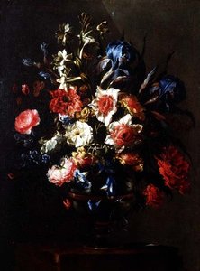 Iris, peonie, convolvoli e altri fiori in un