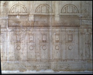 Dettaglio del prospetto esterno della facciata della Cattedrale di Valladolid in piazza Santa María (disegno) da Juan de Herrera
