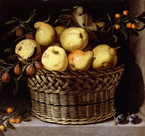 Un cesto di vimini con frutta su un bordo di pietra da Juan van der Hamen y Leon