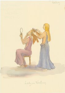 Una dama medievale in attesa, che spazzola i capelli di una dama, 2004