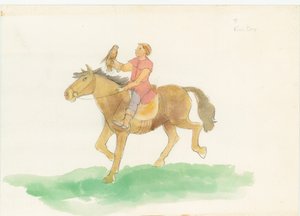 Un uomo medievale, mostrato a cavallo con un uccello da preda sul braccio da Judith Dobie
