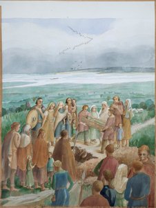 Ricostruzione di una scena di sepoltura sassone (acquerello su carta)