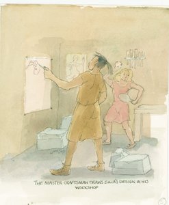 Il maestro artigiano disegna i progetti per il pavimento a mosaico di Julia, 2003