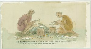 Due personaggi che tagliano pietre per fare piccoli quadrati per il mosaicista
