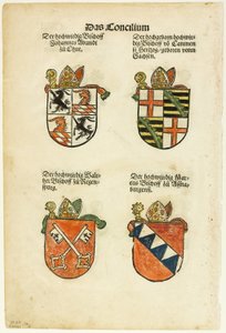 Stemmi dei vescovi (recto e verso) da Das Concilium so zu Constantz, tavola 26 da Xilografie da libri del XVI secolo