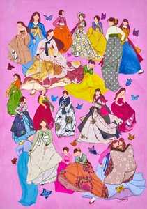 Donne in hanbok dai colori vivaci da Jukyong Park