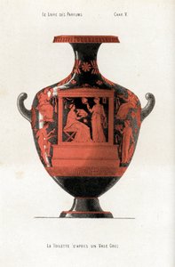 Vaso greco decorato con una donna alla toilette assistita da una schiava che sventola un ventaglio