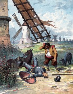 Don Chisciotte ha combattuto con i mulini a vento ed è caduto da cavallo, Sancho Panza guarda il suo padrone, illustrazione del libro di Miguel de Cervantes "Histoire de Don Quichotte", incisione dopo Jules David da Jules (after) David