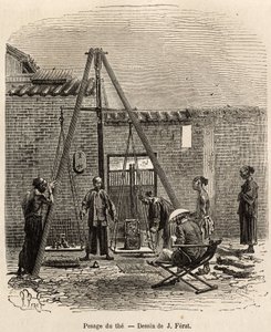 La pesatura del tè prima della sua spedizione sui mercati commerciali in una fabbrica di polvere da sparo a Fati Bay (Provincia di Canton), inciso da un disegno di J.Ferat illustrante il viaggio in Cina, di J. Thompson, nel 1870-1872, pubblicato in "Le tou