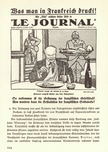 Propaganda tedesca che raffigura la prima pagina di un giornale francese con una vignetta che mostra il Primo Ministro Raymond Poincare che mangia i bambini della Ruhr durante l