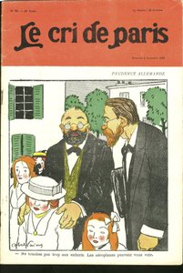 Illustrazione di Abel Faivre (1867-1945) per la Copertina di Le Cri de Paris, 04/09/10 - Non toccate troppo i bambini, gli aeroplani possono vedervi. - Germania Prussia, Aviazione da Jules Abel Faivre