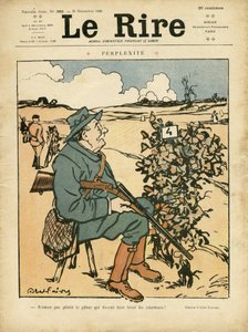Illustrazione di Abel Faivre (1867-1945) per la Copertina di Le Rire, 25/12/09 - Perplessità - Campagna, Tempo libero, Caccia cacciatore da Jules Abel Faivre