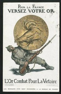 Cartolina, Satirico a colori, circa 1915: Per la Francia, Versa il tuo oro - Guerra del 14-18, Germania Prussia, Argento, Belligeranti e simboli, Vittoria, Prestito, Giornate patriottiche - Gallo - Illustrazione di Abel Faivre (1867-1945) da Jules Abel Faivre