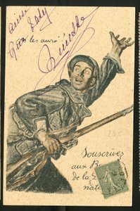 Cartolina: Sottoscrivi i Buoni della Difesa Nazionale - Guerra del 14-18, Belligeranti e Simboli, Prestito, Giorni Patriottici - Illustrazione di Abel Faivre (1867-1945)