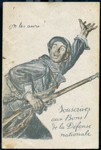 Cartolina di sottoscrizione al salto della Difesa Nazionale che mostra un soldato che va al fronte gridando 