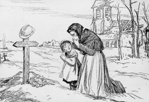 Vedova e sua piccola figlia che piangono sulla tomba del loro padre e marito durante la Prima Guerra Mondiale, 1 novembre da Jules Abel Faivre