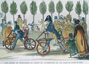 Una corsa di velocipedi al Jardin du Luxembourg nel 1818 dopo un