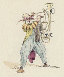 Clown che suona uno strumento musicale insolito