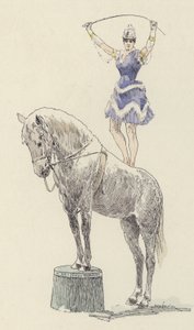 Ginnasta in piedi sul dorso di un cavallo