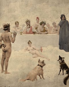 Il dio dei giardini Priapo torna davanti al consiglio degli dei. Al centro, Iupiter (Giove, Zeus). Alla sua sinistra, Bacco (Dionysos, Bacco). In basso, un cane e una volpe. Pantagruel. llustrazione di Jules Garnier. In "Rabelais et l