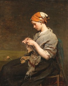 Giovane ragazza che lavora a maglia da Jules Breton