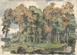 Strada al bordo di un bosco, con contadini al lavoro da Jules Chadel