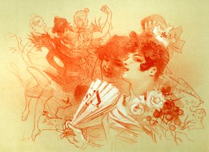 Al ballo - disegno (sanguigna) di Jules Cheret (1836 - 1932) - giovani donne e ballerini - danza - collezione privata -