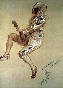 Pierrette seduta, che suona il mandolino da Jules Cheret