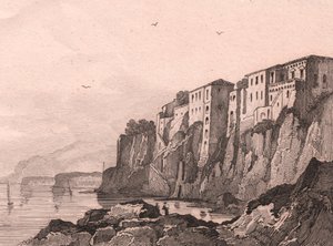 Veduta di Sorrento con casa di Torquato Tasso, Campania, Italia, incisione su acciaio di Sauvage dopo disegno di Jules Coignet da Jules Coignet