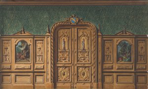 Progetto per una stanza con pannelli di legno incastonati con dipinti e una porta doppia pesantemente intagliata