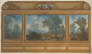 Elevazione di un interno pannellato decorato con paesaggi dipinti e cove con..., 1830-97 da Jules Edmond Charles Lachaise and Eugène Pierre Gourdet
