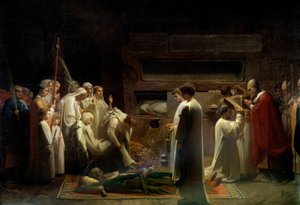 I martiri nelle catacombe Assemblea religiosa cristiana al funerale dei primi cristiani a Roma. Dipinto di Jules Lenepveu 1855 Parigi, Museo d