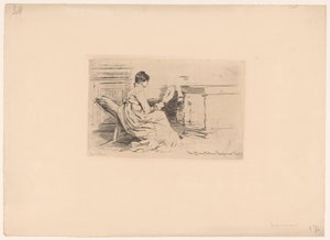 Donna con ventaglio su una sedia bassa da Jules Ferdinand Jacquemart (attributed to)