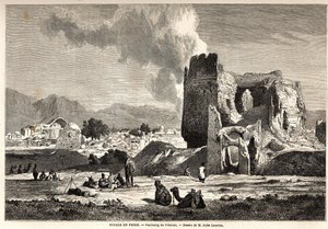 I sobborghi di Teheran (Iran odierno). Disegno di Jules Laurens per illustrare il viaggio di Arthur Gobineau in Persia dal 1855 al 1858. Incisione in "Le tour du monde, nouveau journal des voyages" Parigi da Jules Joseph Augustin Laurens