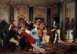 La moda del romanticismo: lettura di un pezzo teatrale in un salone parigino. Dipinto di Jules Worms da Jules Worms