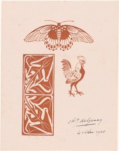 Farfalla, gallo e fogliame