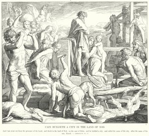 Caino costruisce una città nella terra di Nod da Julius (after) Schnorr von Carolsfeld