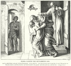 Eliseo risuscita il figlio della Sunamita (incisione)