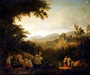 Un paesaggio boscoso con lavandaie vicino a una fontana da Julius Caesar Ibbetson