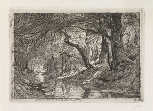 Paesaggio boschivo con ruscello e alberi sulla riva da Julius Jacobus van de Sande Bakhuyzen