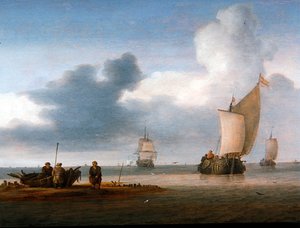 Scena di Spiaggia con Barche a Vela e Pescatori da Julius Porcellis